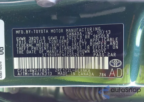 2014 Toyota Corolla Le z USA, uszkodzony, nr VIN 2T1BURHE4EC052617